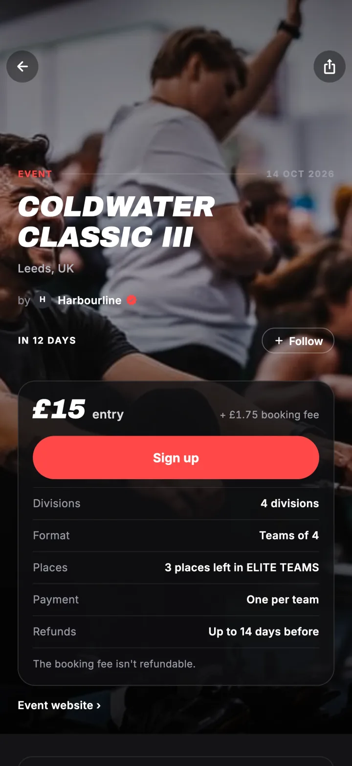 An event page in the Fiz app with paid entry