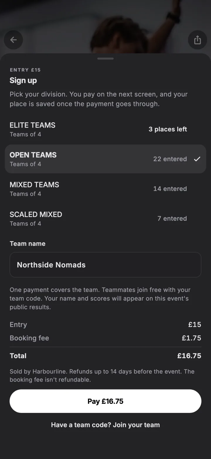 The sign-up sheet for an event in the Fiz app