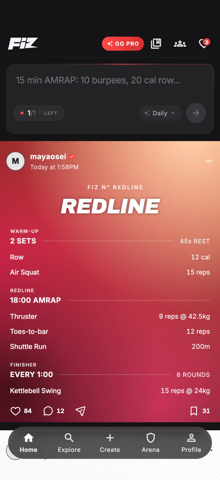 The Fiz home feed with a workout from someone you follow.