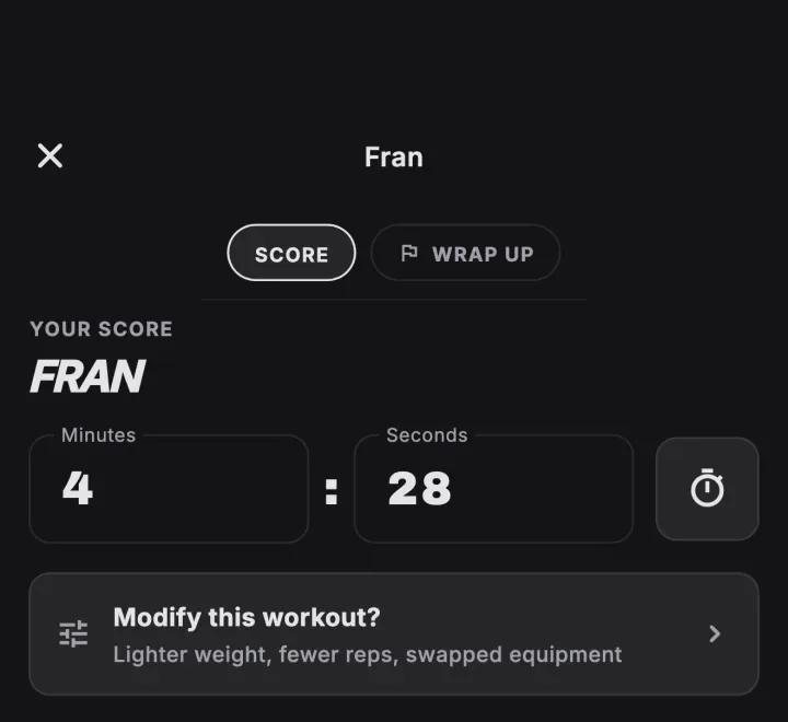 Entering a time for Fran in the Fiz app.