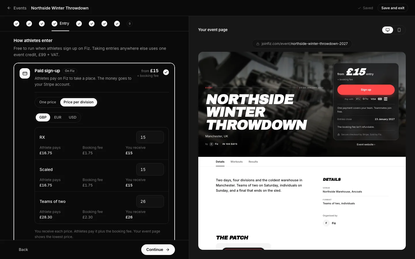 The Entry step with paid sign-up, the price, what the athlete pays and a different price for one division.