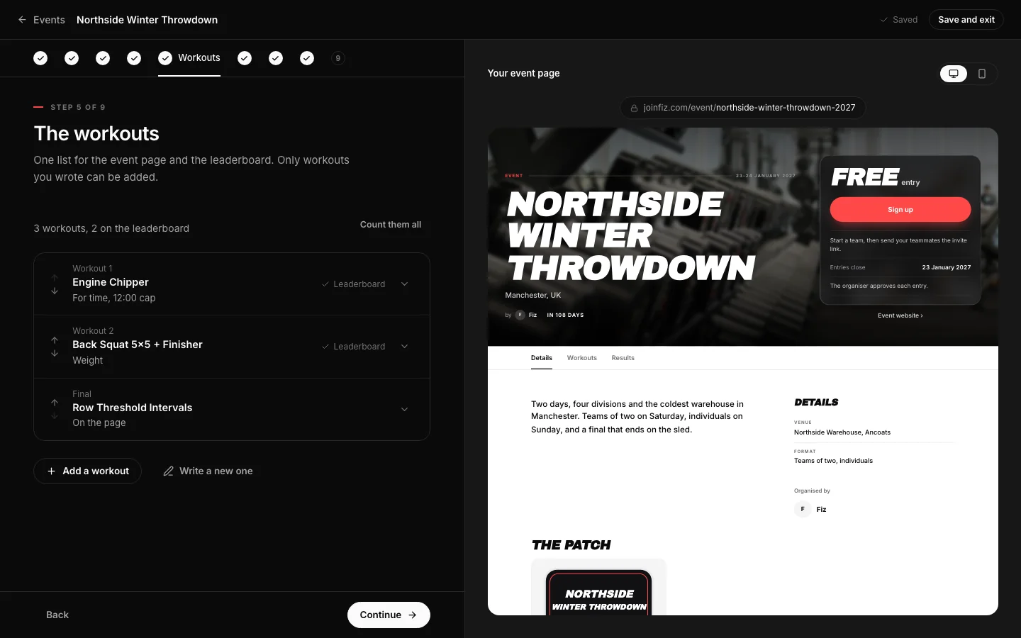 The Workouts step with the event's workouts listed.