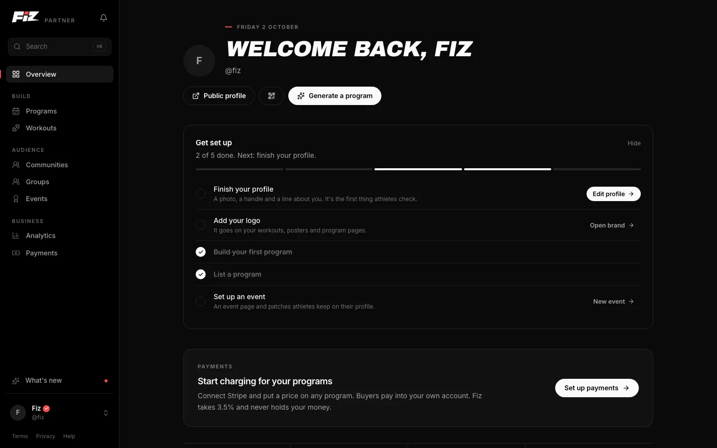 Your dashboard, with a checklist for getting set up.