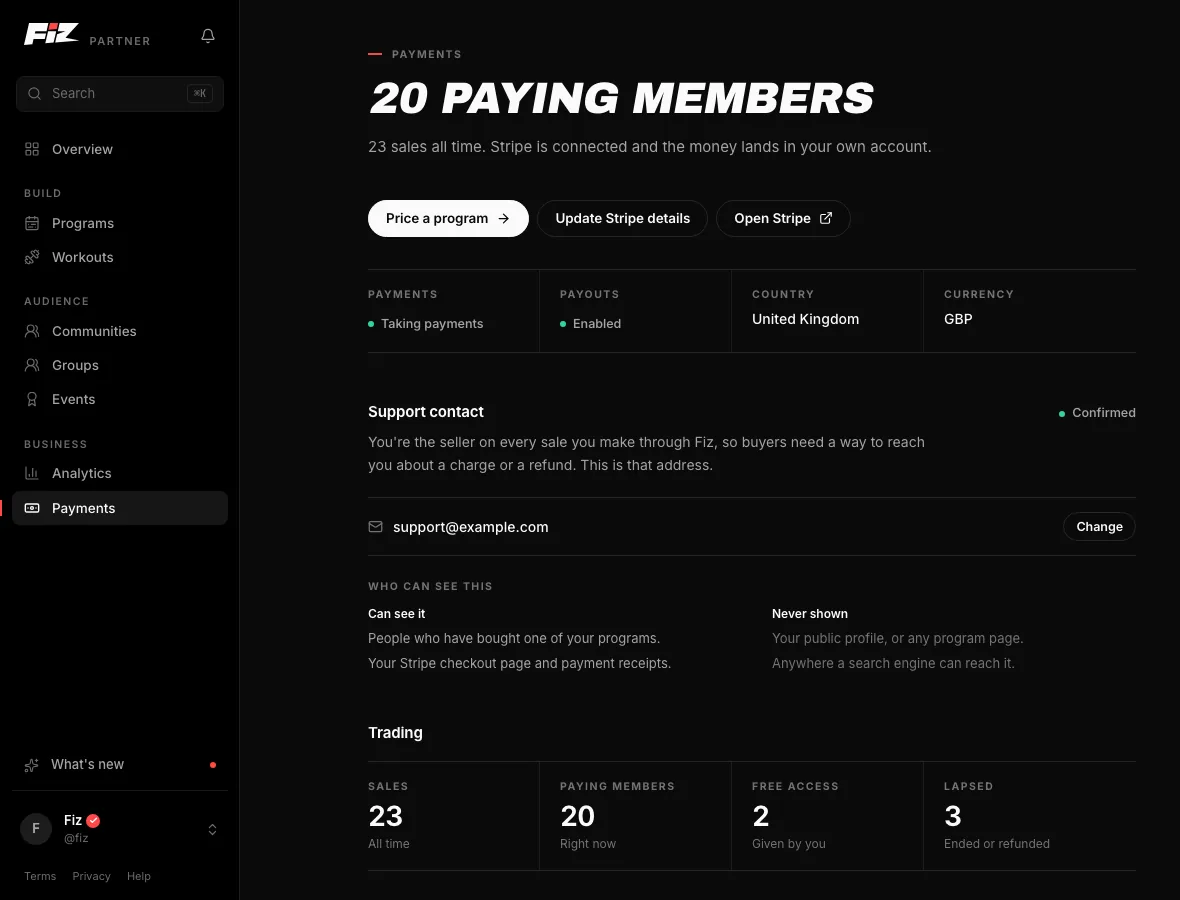 The Payments screen in the Fiz dashboard.